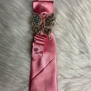 Pink Satin Hair Ribbon with Butterfly Brooch